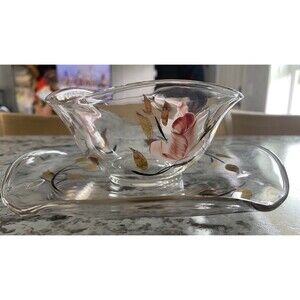 Mid Century Modern Hazel Atlas Pink Floral With Gold Leaf Candy Dish Set
